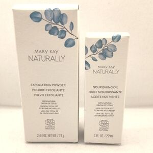 Mary Kay Naturally Exfoliating Powder and Nourishing Oil with Blue Leaf Design
